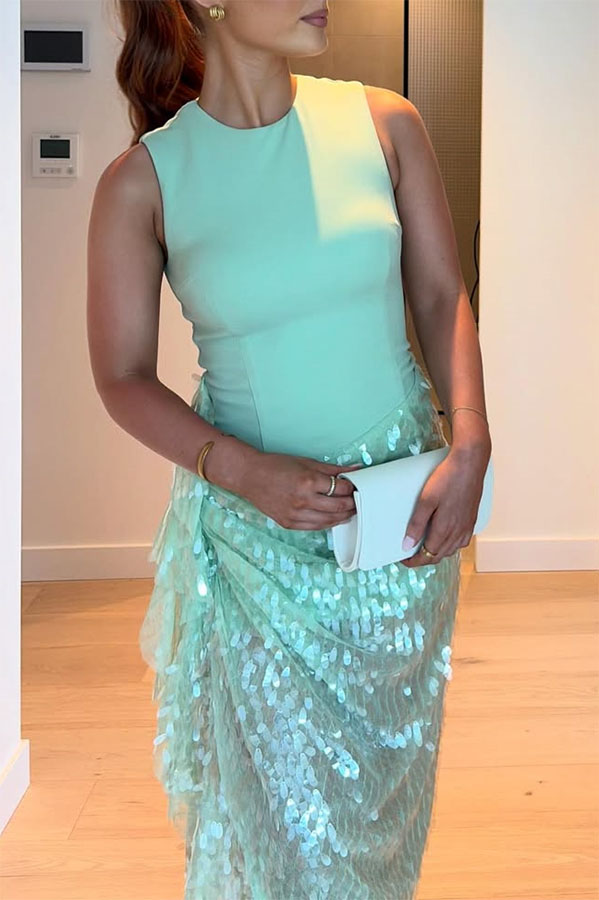 Unspoken Glamour Crepe and Fish Scale Sequins Ruffle Ruched Drape Maxi Dress-consonak