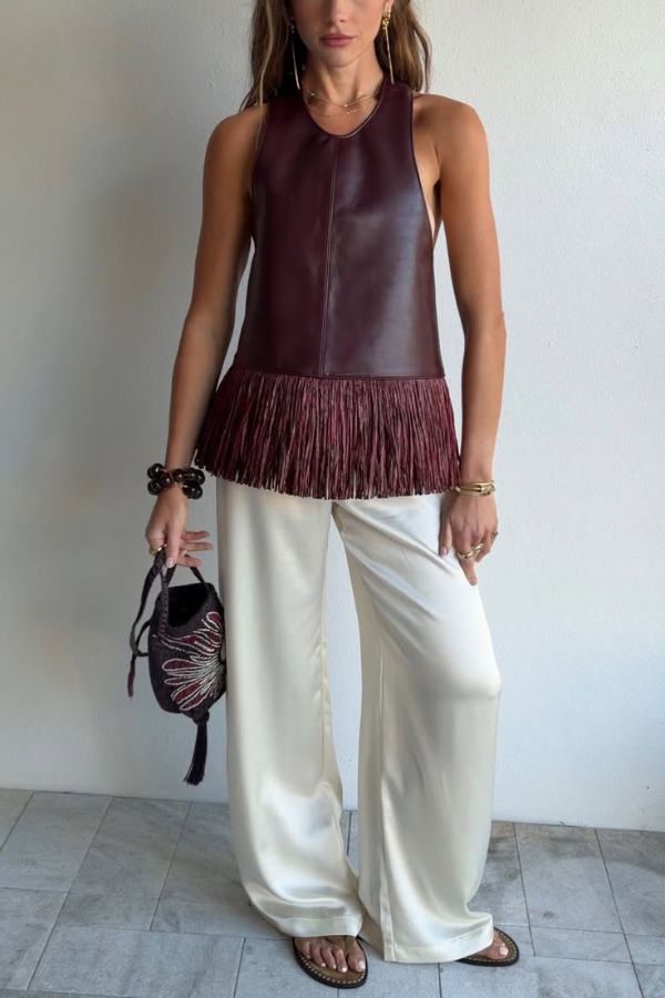 Stylish Halter Neck Sleeveless Leather Tassel Loose Top