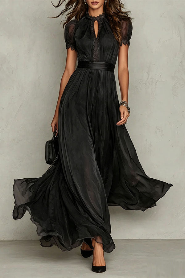 Elegant Lace Trim Keyhole Puff Sleeve Flowing Chiffon Maxi Dress-Consonak