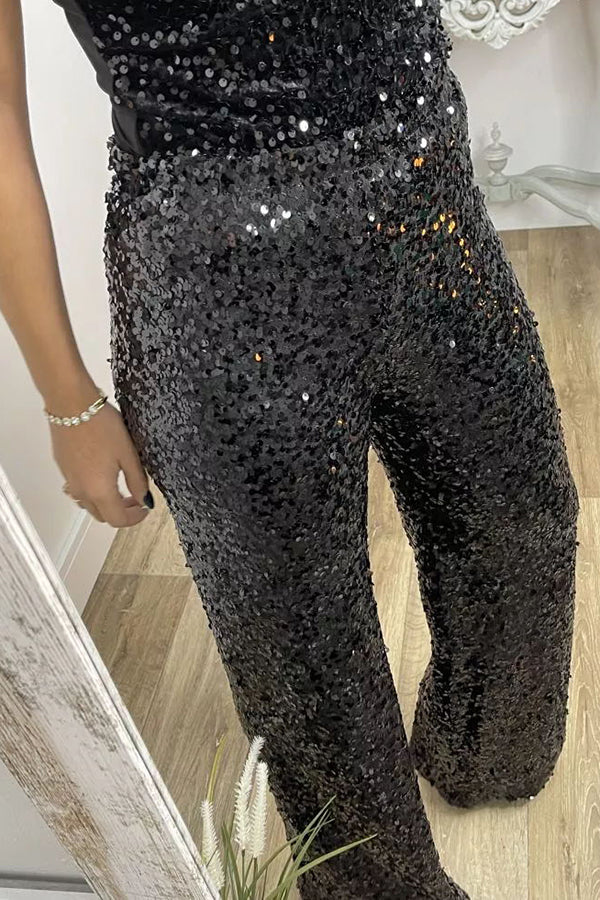Glitzy Glamour Sequin High Rise Elastic Waist Wide Leg Pants | Consonak