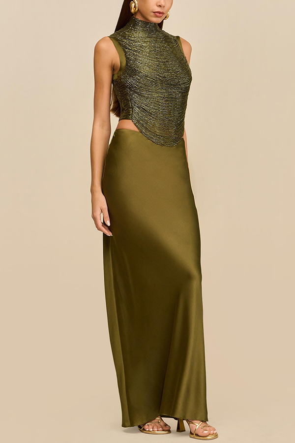 Keep Polished Satin High Rise Bias Cut Drape Maxi Skirt