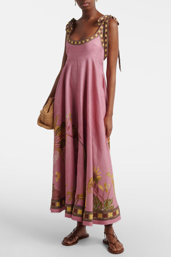 Linen Blend Unique Printed Tie-up Suspenders Pocket Elegant  Vacation Maxi Dress