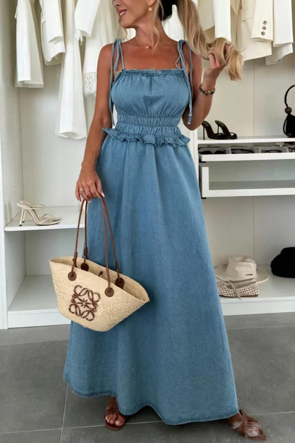 Stylish Square Neck Halter Backless Fitted Waist Pleated Casual Denim Maxi Dress