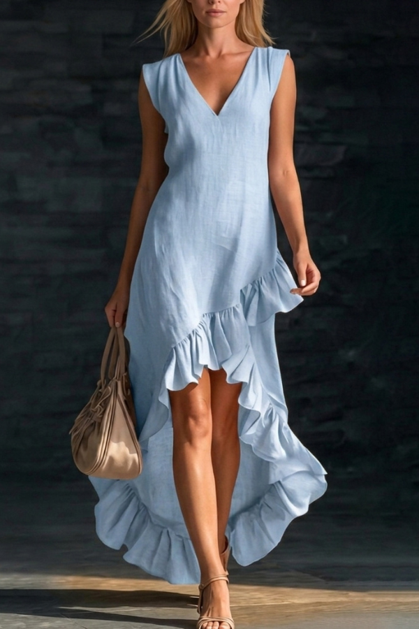 Linen Blend V-neck Sleeveless Ruffled Hem Casual Maxi Dress