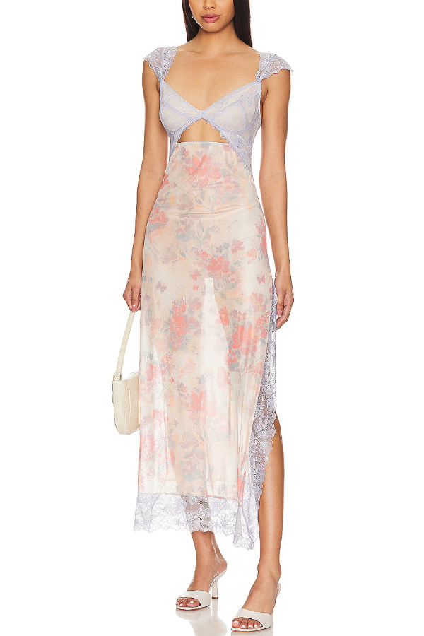 Floral Print Lace Patchwork Hollow-out Slim-fit Midi Dress-consonak