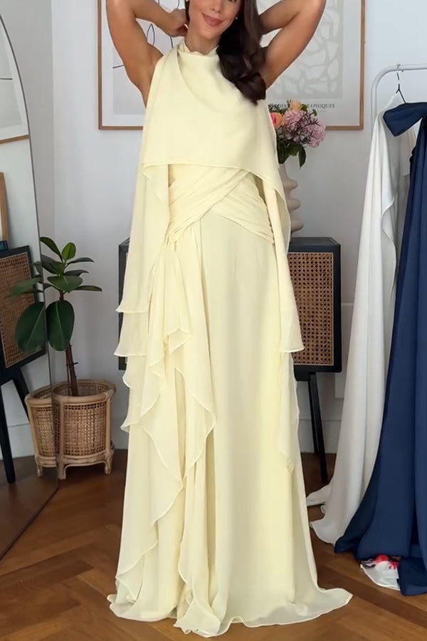 Spring Enchantment Chiffon Crinkle Cross Front Drape Scarf Maxi Dress-consonak