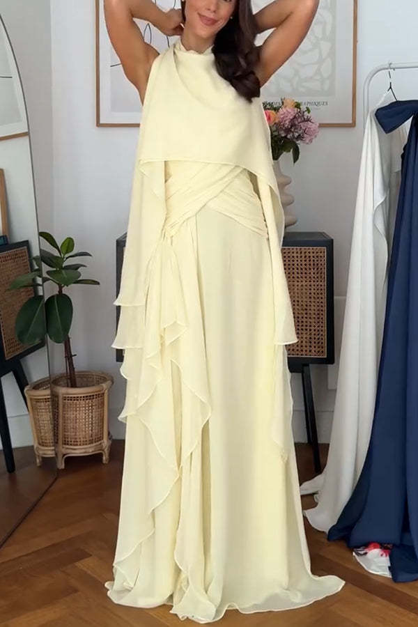 Spring Enchantment Chiffon Crinkle Cross Front Drape Scarf Maxi Dress