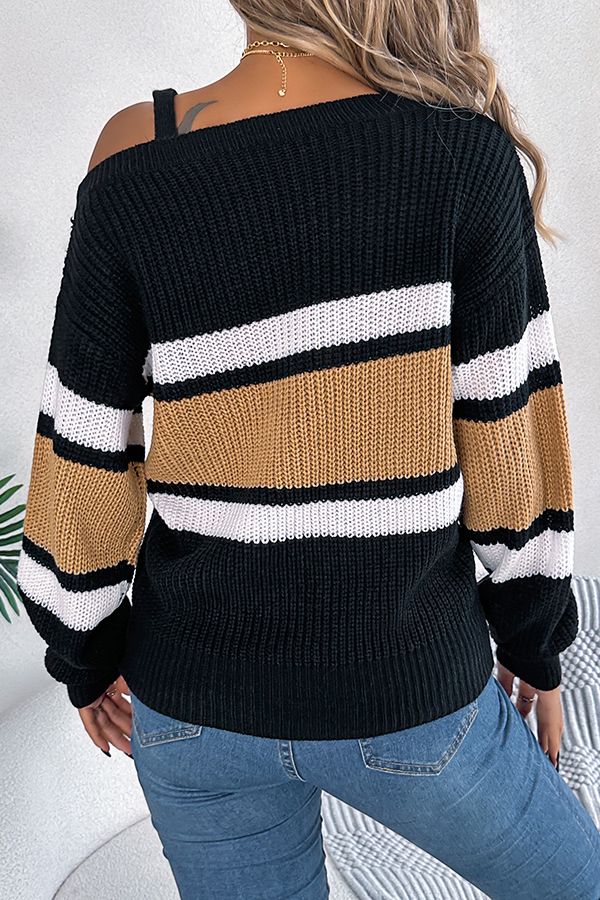 Striped Contrasting Metal Buckle Loose Long-sleeved Knitted Sweater-consonak