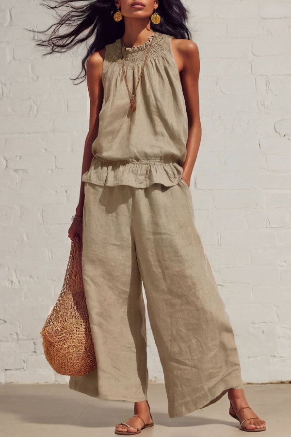 Linen Blend Round Neck Sleeveless Ruffled Top and Elastic Waist Casual Pocket Wide-leg Pants Set-Consonak