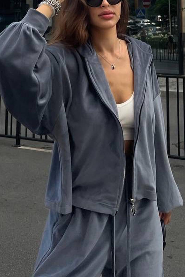 Velvet Casual Zip-up Hooded Top and Elastic Waist Wide Leg Pants Set-consonak