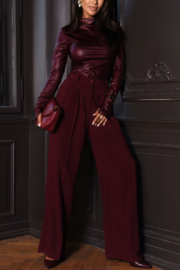 Attention Here Faux Leather High Neck Long Sleeve Stretch Top-consonak