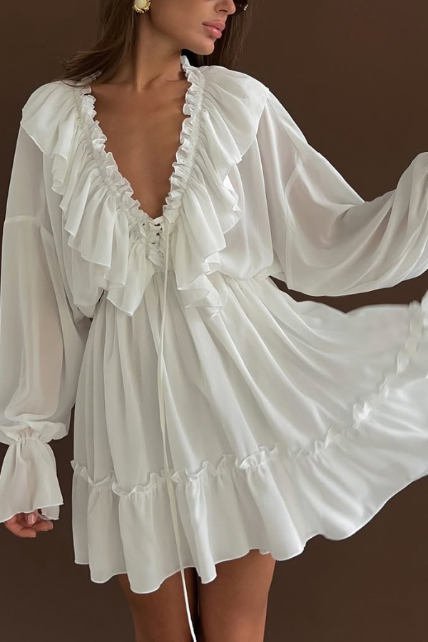 Solid Color V-neck Ruffled Ruched Long-sleeved Vacation Mini Dress | Consonak