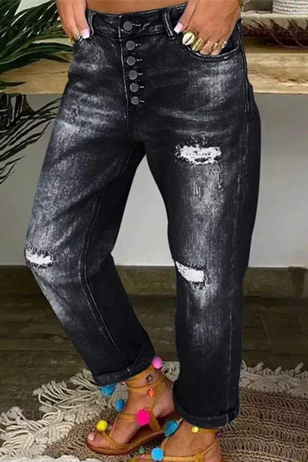 Stylish Ripped Low-rise Button Pocket Baggy Straight-leg Jeans-consonak