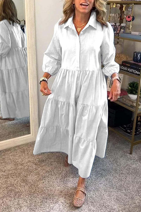 Solid Color Lapel Elastic Cuffs Loose Maxi Dress-consonak