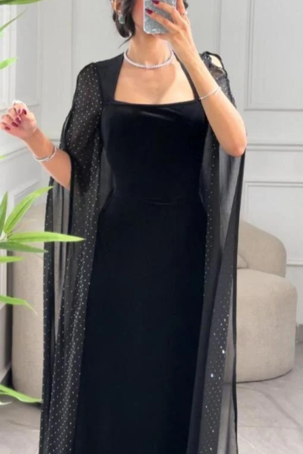 Solid Color Velvet Square Neck Slim Fit Rhinestone Maxi Dress-consonak