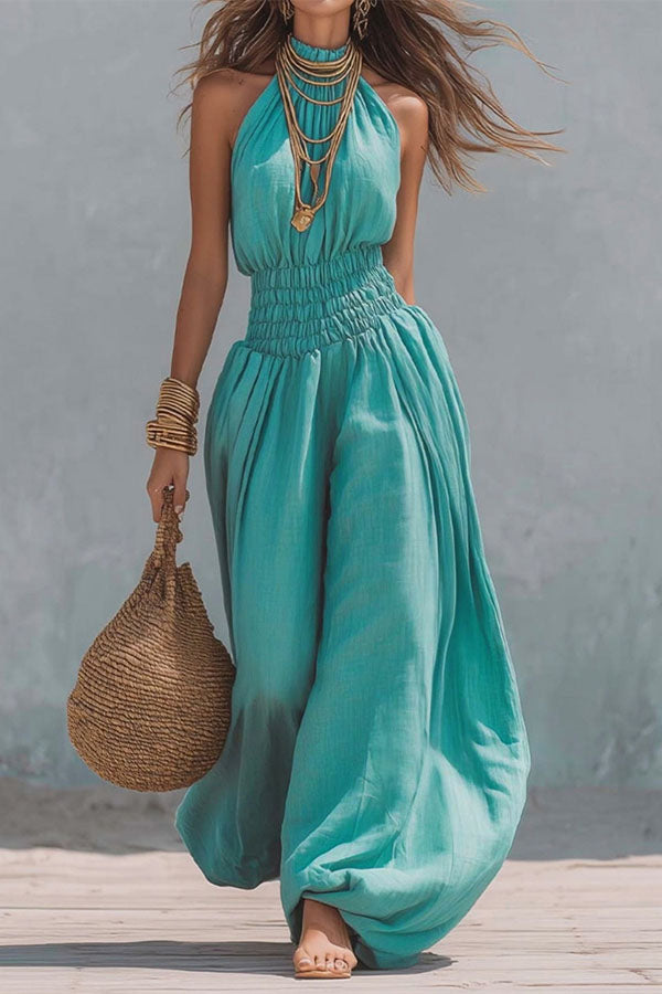 Flowy Smocked Waist Wide-Leg Palazzo Romper-Consonak