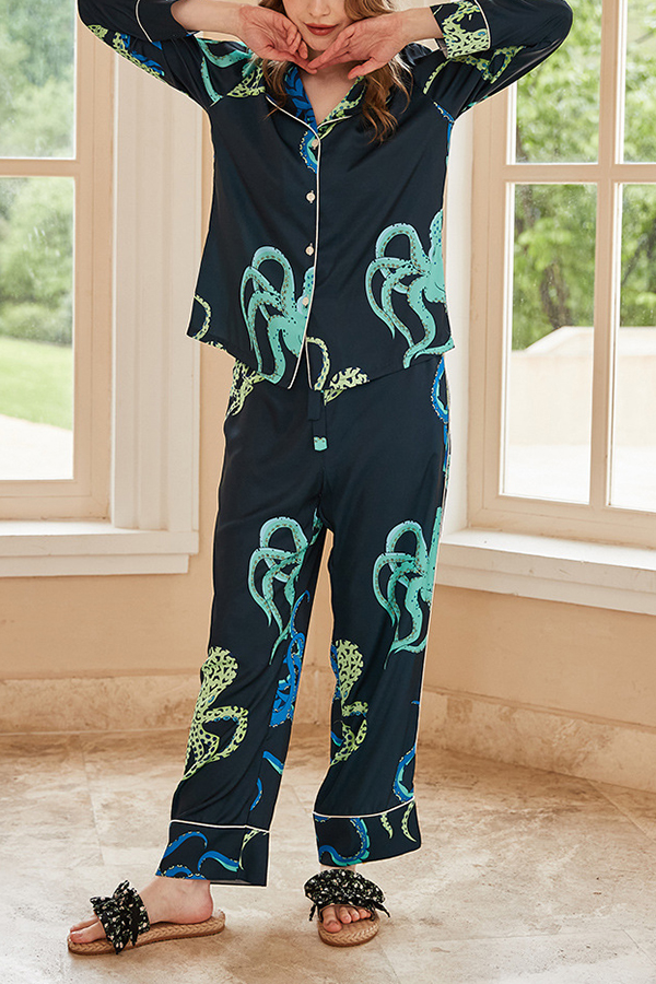 Black Octopus Print Home Long-sleeved Two-piece Set | Consonak
