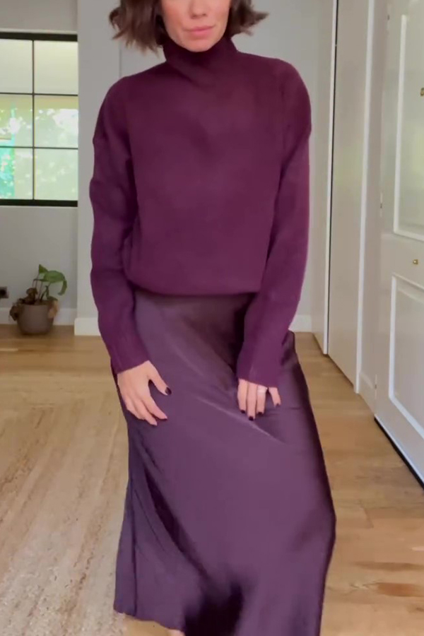 Jaelyn Solid Color Turtleneck Long Sleeve Sweater and Satin Elastic Waist Maxi Skirt Set-consonak