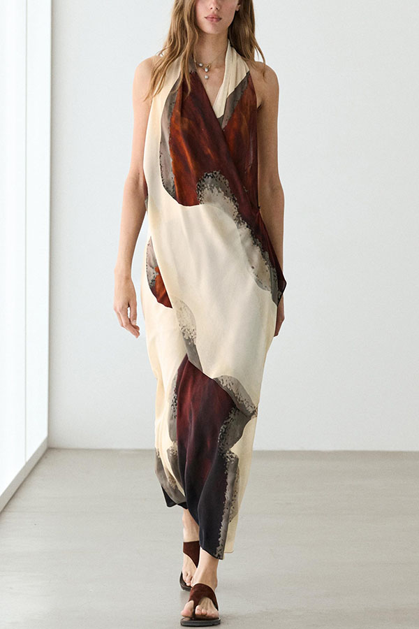 Flowing Rhythm Artistic Printed Ruffle Detail Halter Neck Midi Dress-consonak