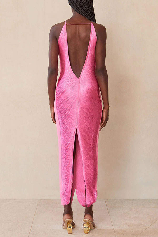 Sexy Allnight Metallic Halterneck Backless Fringed Slit Maxi Dress | Consonak