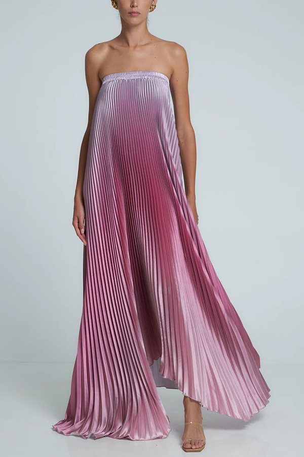 Gorgeous Styling Satin Pleated Elastic Bust Strapless A-line Gown Maxi Dress | Consonak