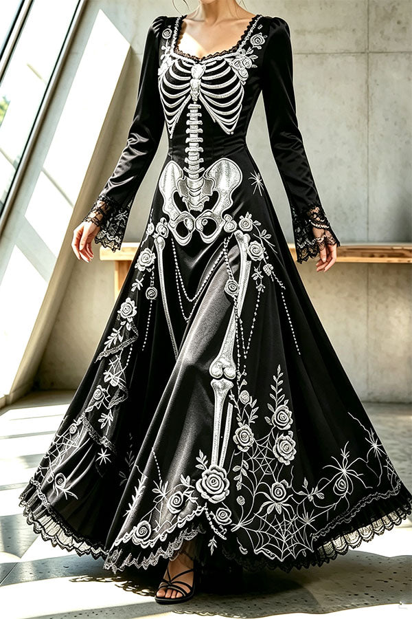 Royal-style Halloween Skull Print Square Neck Long Sleeve Flare Maxi Dress-Consonak