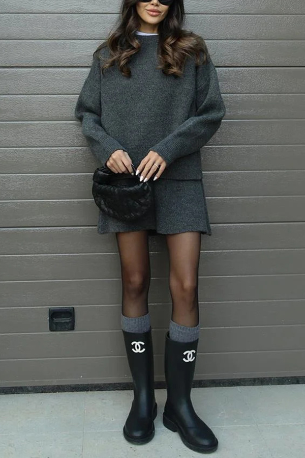 Solid Color Casual Preppy Knit Top and Knit Stretch Mini Skirt Set-consonak