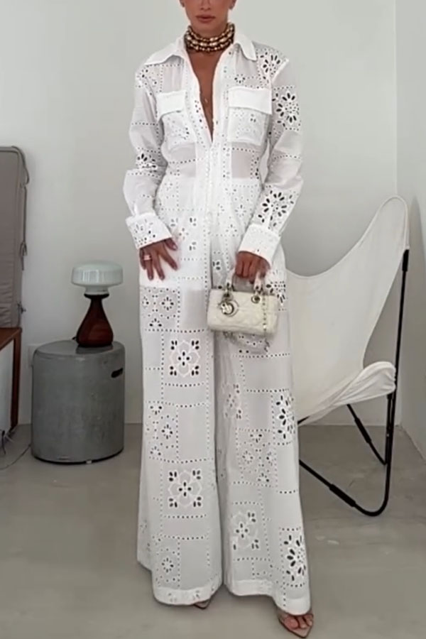 Vivi Embroidered Lace Cutout Long Sleeve Pocket Elastic Waist Loose Shirt Jumpsuit | Consonak