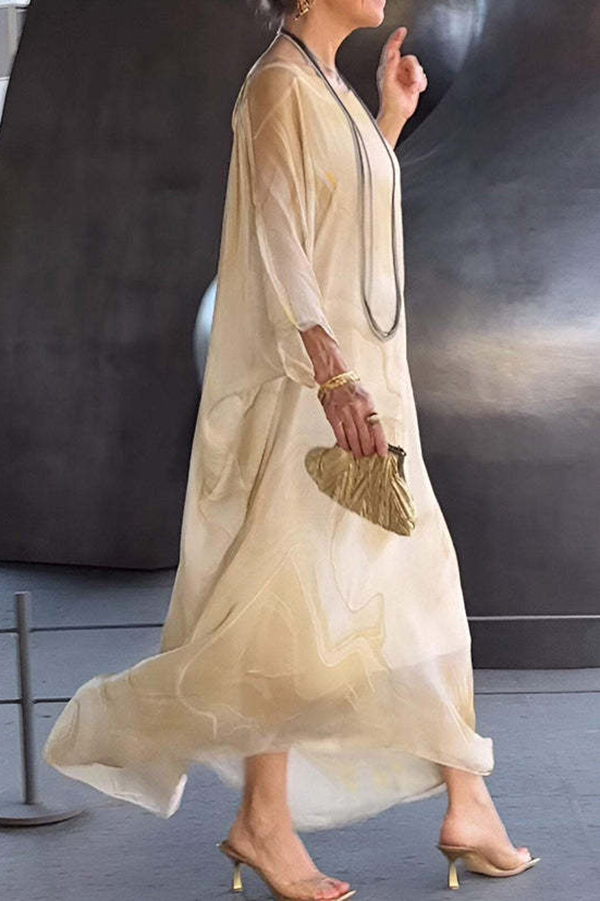 Unique Printed Crew Neck Loose Resort Style Maxi Dress-consonak