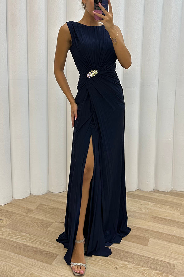 Pretty Special Pleated Embellished Slit Evening Maxi Dress-consonak