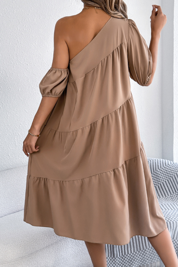 Solid Color Loose Slash Neck Short-sleeved Casual Midi Dress-consonak