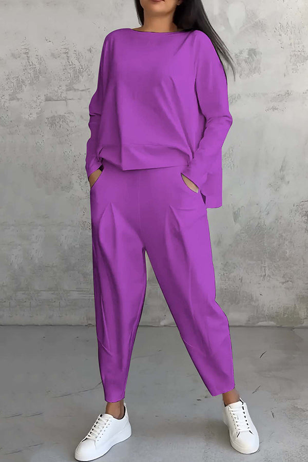 Solid Color Crew Neck Long-sleeved Irregular Loose Top and Elastic Waist Pocket Casual Pants Set-consonak