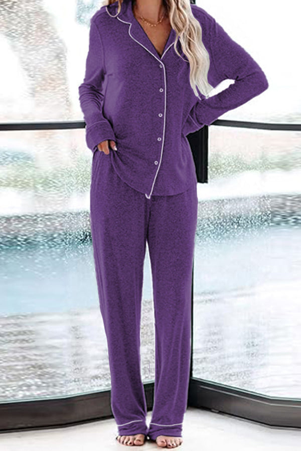 Home-style Loose-fitting Long-sleeved Pocket Shirt and Elastic Waist Casual Pants Set-consonak