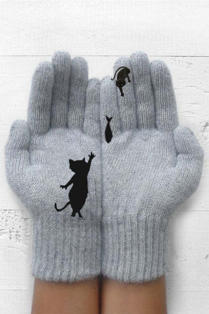 Printed Knitted Gloves Short Thickened Warm Finger Gloves-Cat-consonak
