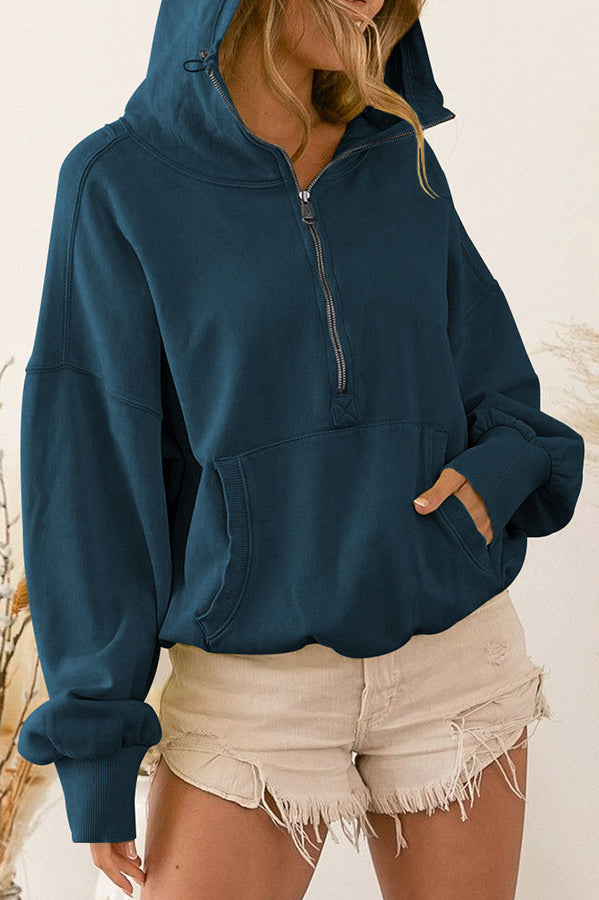 Front Pocket Zip Drawstring Long Sleeve Hoodie-consonak