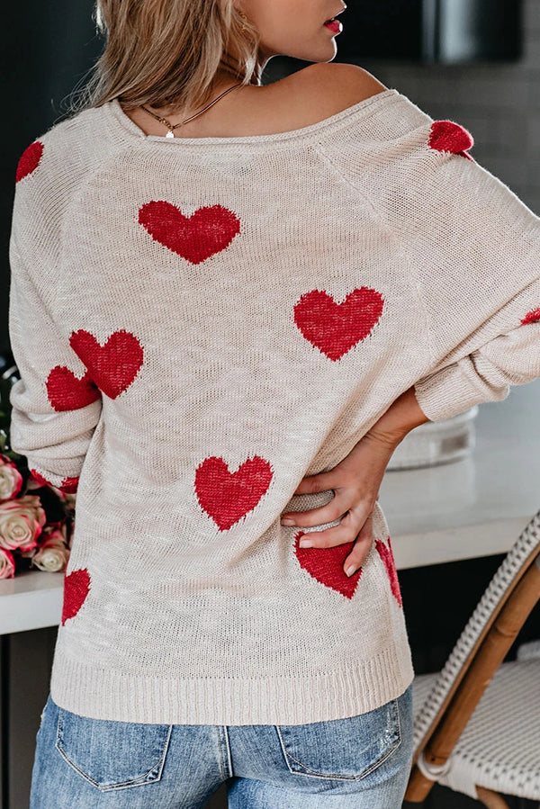 Stylish Color-blocked Heart-patterned Long-sleeved Loose Knit Sweater-consonak