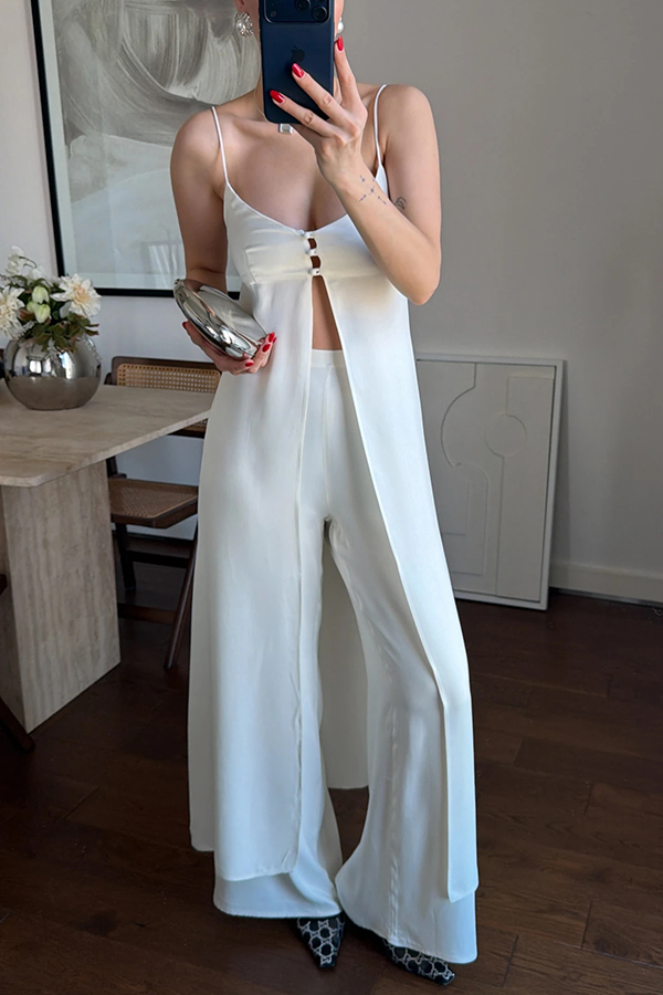 Giselle Satin Front Button Cutout Slit Midi Top and Elastic Waist Loose Pants Set