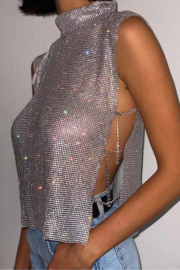 Sexy High-neck Rhinestone Metallic Top-consonak