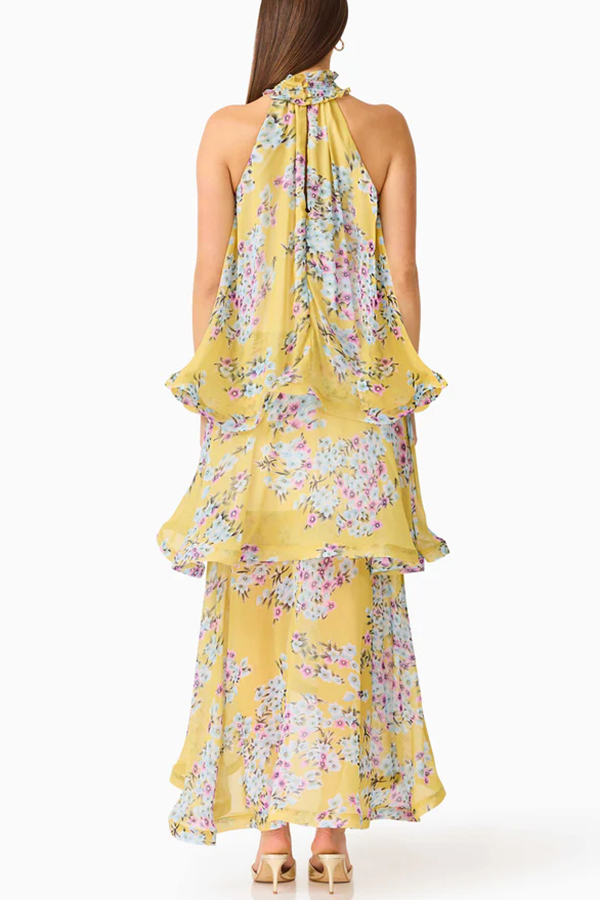 Briony Georgette Fabric Floral Print Pleated High Neck Tiered A-line Maxi Dress