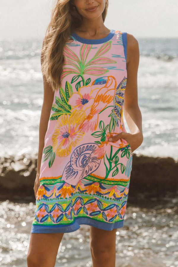 Summer Unique Print Loose Round Neck Sleeveless Casual Pocket Mini Dress