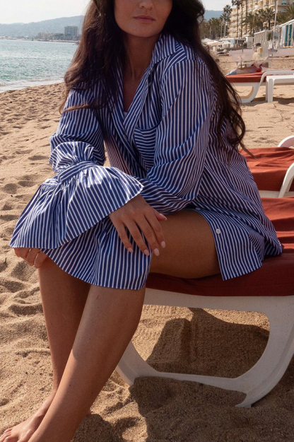 Striped Print Ruffled Long Sleeve Pockets Loose Shirt-consonak