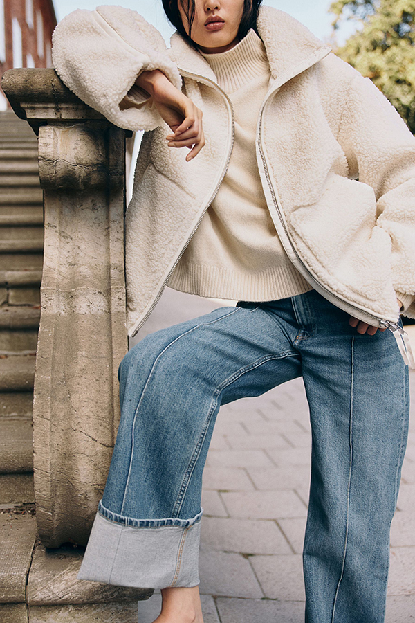 Solid Color Stitching High Collar Long Sleeve Loose Pocket Woolen Coat-consonak