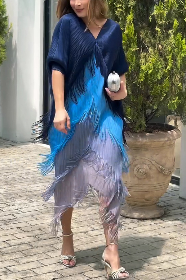 Fashionable Color-blocked Multi-layered Tassel Loose Midi Dress-consonak