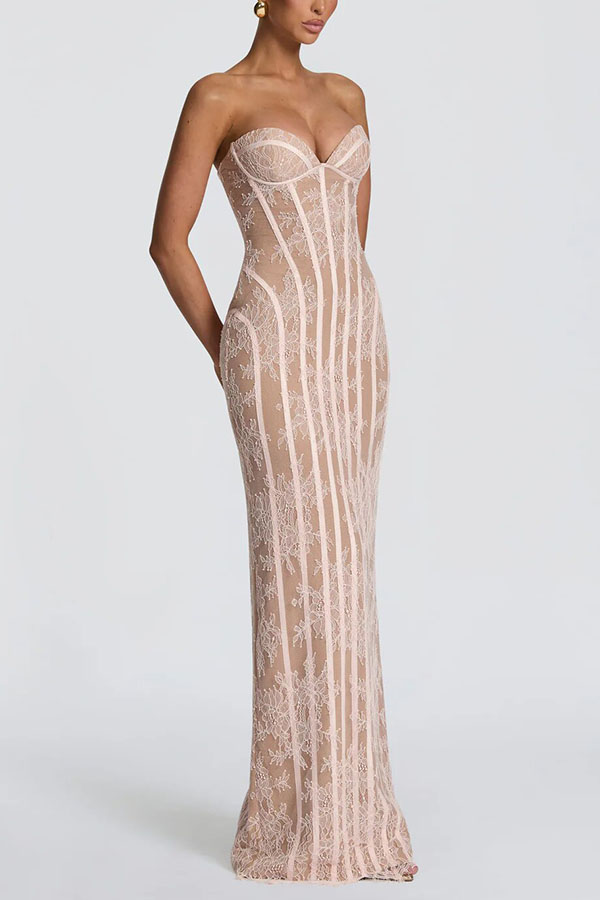 Summer Colour Sian Floral Lace Contrast Structural Detail Back Lace-up Strapless Slit Maxi Dress