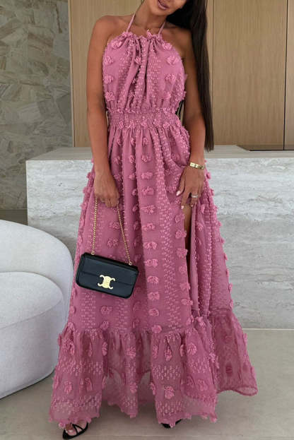 Gloria Embroidery Flowers Elastic Waist Halter Backless Slit Maxi Dress-consonak