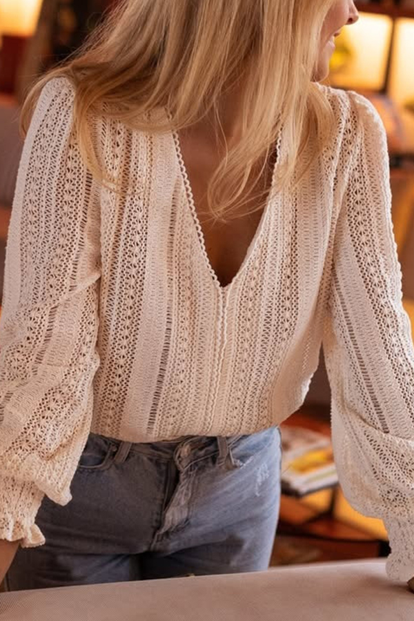 Elegant Openwork V-neck Long-sleeved Casual Shirt-consonak