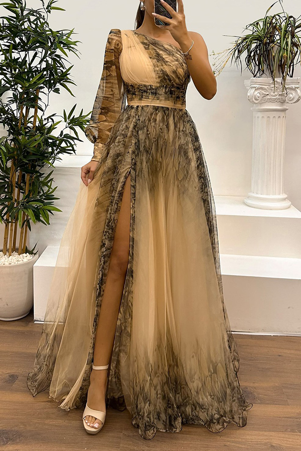 Guest List Tulle Printed Flower Pendant One Shoulder Pleated Slit Maxi Dress | Consonak