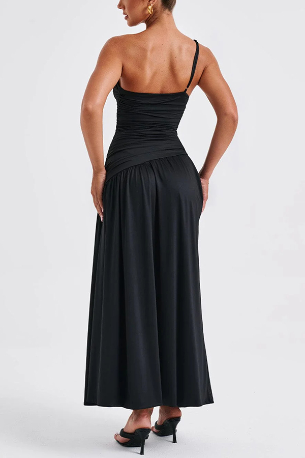 Sexy One-shoulder Strap Gathered Slim Fit Slit Maxi Dress-consonak