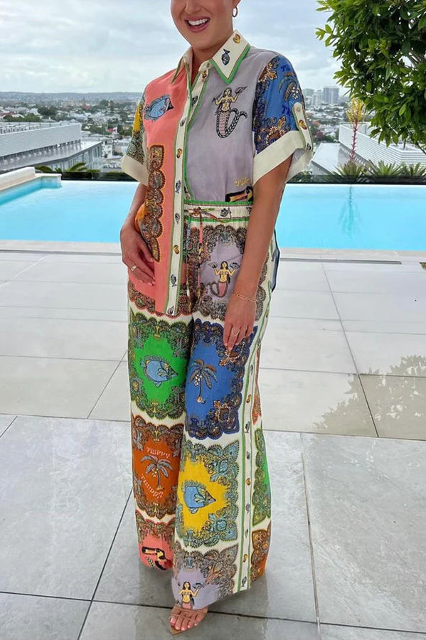 Pretty and Posh Linen Blend Mermaid Print  Button Down Oversized Blouse-consonak