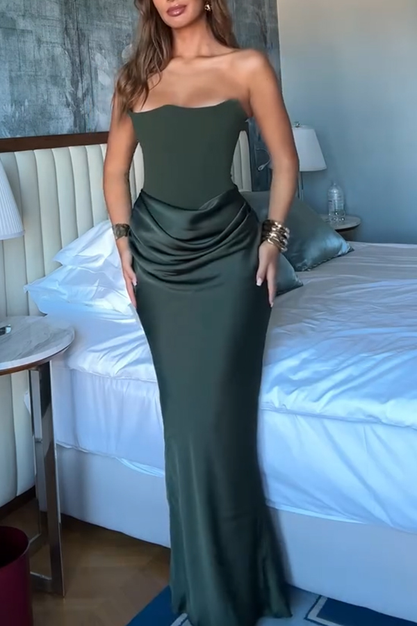 Attend The Gala Strapless Corset Satin Ruched Hip Drape Maxi Dress | Consonak